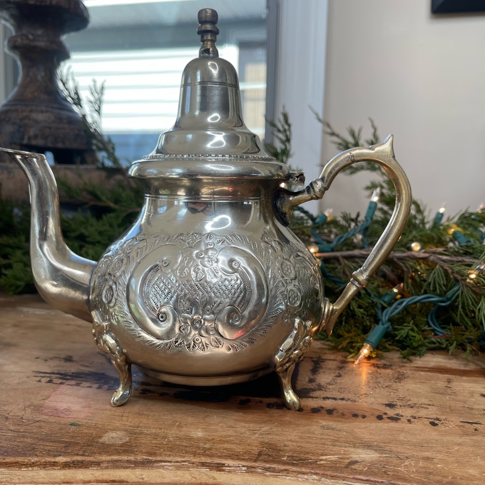 Vintage Moroccan Silver & Brass Etched Teapot